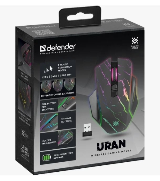 Мышь беспроводная Defender Uran GM-503 черный, 3200 dpi, радиоканал, USB, кнопки - 8