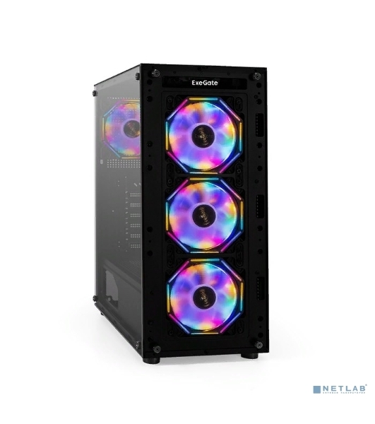 Компьютерный корпус Miditower ExeGate i3 BASE (ATX, без БП, с окном, 1*USB+1*USB 3.0, аудио, 4 вент. 12см с RGb подсветкой)
