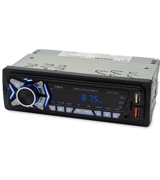 Автомагнитола Digma MCP-227B, 1 DIN, Bluetooth, USB Type-A, AUX, пульт ДУ