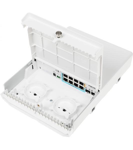 Коммутатор MikroTik netPower Lite 7R with 8 x Gigabit Ethernet ports (7 with Reverse POE-in, 1 with PoE-OUT), 2 x SFP+ cages, SwitchOS, outdoor enclosure, mounting kit (power supply NOT included)