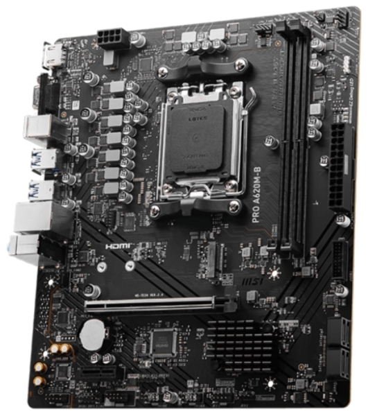 Материнская плата MSI PRO A620M-B, AM5, AMD A620, 2xDDR5, 4xSATA, 1xM.2 (PCIe 4.0 x4), 1xPCIe 4.0 x16, 1xPCIe 3.0 x1, 1xHDMI, 1xVGA, 1x2.5Gb LAN, 6xUSB-A 5Gbps, 6xUSB-A 2.0, 3x3.5 мм, 7.1, mATX
