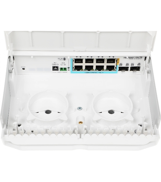 Коммутатор MikroTik netPower Lite 7R with 8 x Gigabit Ethernet ports (7 with Reverse POE-in, 1 with PoE-OUT), 2 x SFP+ cages, SwitchOS, outdoor enclosure, mounting kit (power supply NOT included)