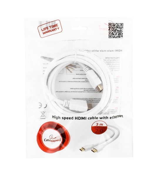Кабель Cablexpert HDMI CC-HDMI4-W-10, 19M/19M, v2.0, медь, позол.разъемы, экран, 3 м, белый, пакет