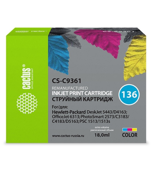 Картридж струйный Cactus CS-C9361 №136 трехцветный (18 мл.) для HP DJ 5443/D4163/DJ 6313/PS 2573/C3183/C4183/D5163/1513/1513s