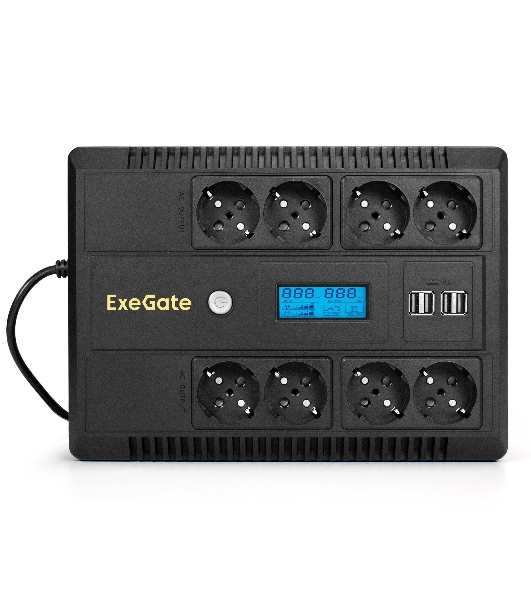 Источник бесперебойного питания ExeGate NEO Smart LHB-850.LCD.AVR.8SH.CH.RJ.USB 850VA/510W, LCD, AVR, 8*Schuko, RJ45/11, USB, 4*USB-порта для зарядки, черный