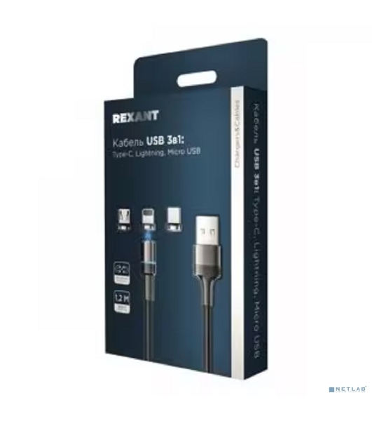 Кабель USB Rexant 3в1 со съемными магнитными портами, Type-С (2A), Lightning (2,4A), Micro USB (2A), 1,2м, в черной оплетке, с LED подсветкой