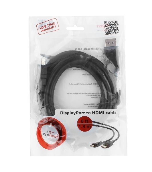 Кабель DisplayPort-HDMI Gembird/Cablexpert 1,8м, 20M/19M, черный, экран, пакет