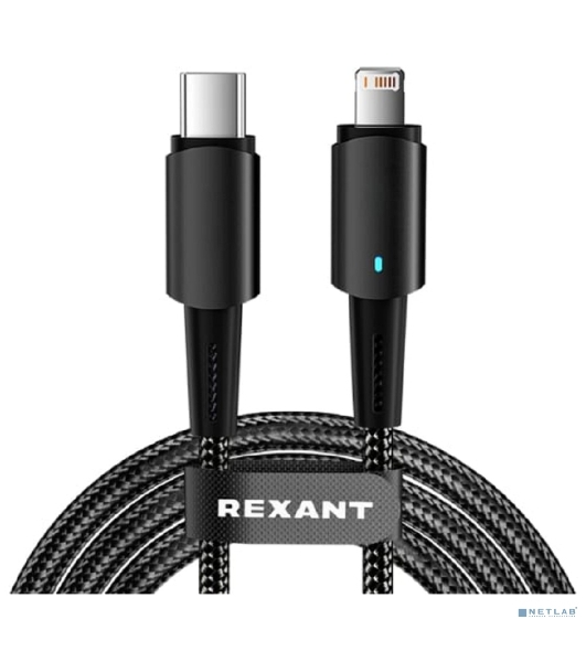 Кабель Rexant Type-C – Lightning для Apple, 3А, 1м, в черной нейлоновой оплетке, со световой индикацией