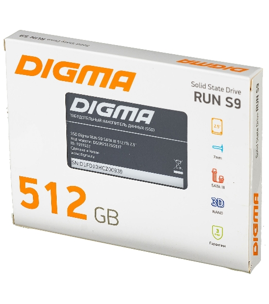 Накопитель SSD Digma Run S9, 512Gb, SATA III, 2.5', без NVMe, R/W 520/475