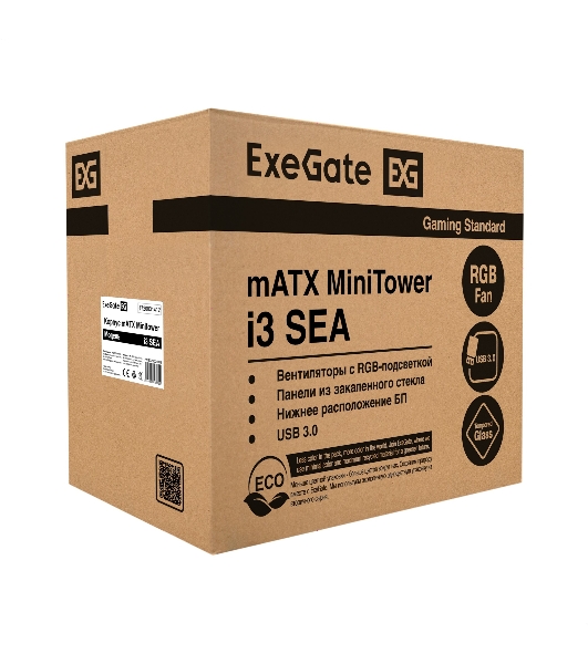Компьютерный корпус Minitower ExeGate i3 SEA (mATX, БП 800NPX, 2*USB+1*USB 3.0, HD аудио, черный, 1 вент. 12см с RGB подсветкой, передняя и боковая панели - закаленное стекло)