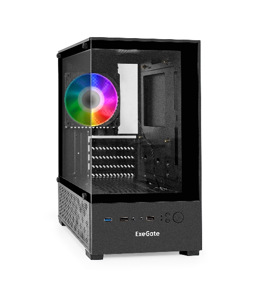 Компьютерный корпус Minitower ExeGate i3 SEA (mATX, БП 850NPX, 2*USB+1*USB 3.0, HD аудио, черный, 1 вент. 12см с RGB подсветкой, передняя и боковая панели - закаленное стекло)