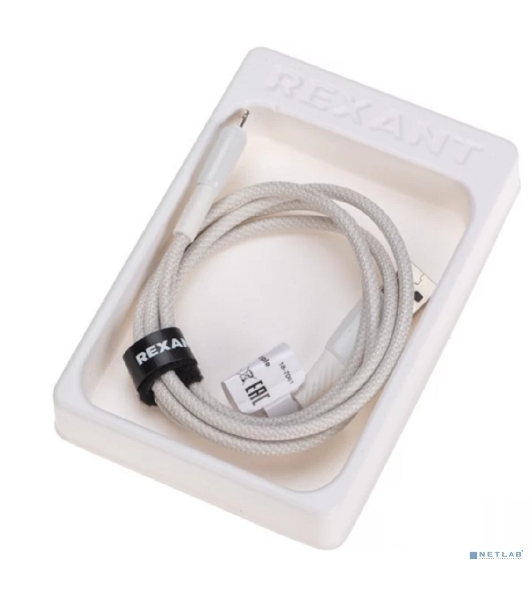 Кабель Rexant USB-A - Lightning для Apple, 2,4А, 1м, в белой нейлоновой оплетке