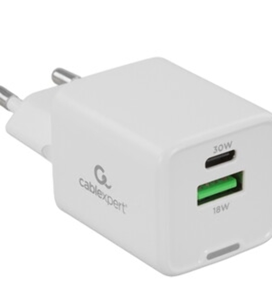 Зарядное устройство Cablexpert MP3A-PC-63, 30Вт GaN, 3А, QC4.0/PD, 1xUSB, 1xType-C, белый, пакет