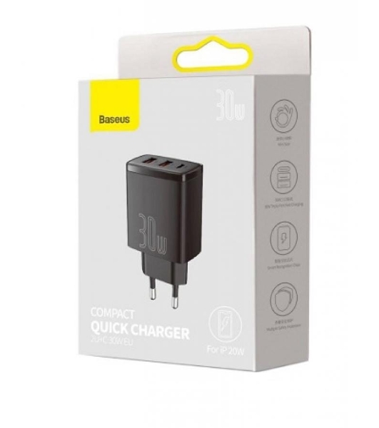 Сетевое зарядное устройство BASEUS Compact Quick Charger, два порта USB, один порт Type-C, 30W, 5V, 3.0A, черный