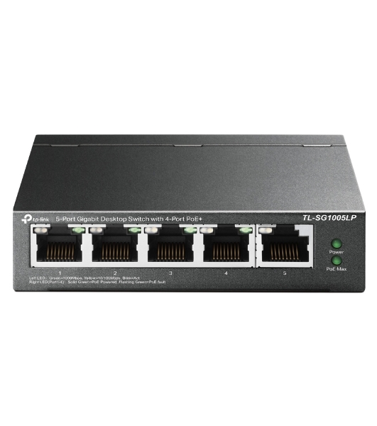 Коммутатор TP-Link 5-Port Gigabit Unmanaged Switch with 4-Port PoE+, metal case, desktop mount, PoE budget 40W.