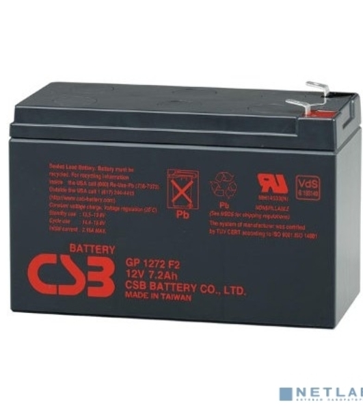Батарея для ИБП CSB серия GP, GP1272, напряжение 12В, емкость 7.2А·ч (разряд 20 часов), макс. ток разряда (5 сек.) 100А, ток короткого замыкания 304А, макс. ток заряда 2.8A, свинцово-кислотная типа AGM, клеммы F1, ДxШxВ 150.9x64.8x98.6мм., вес 2.4кг., срок службы 5