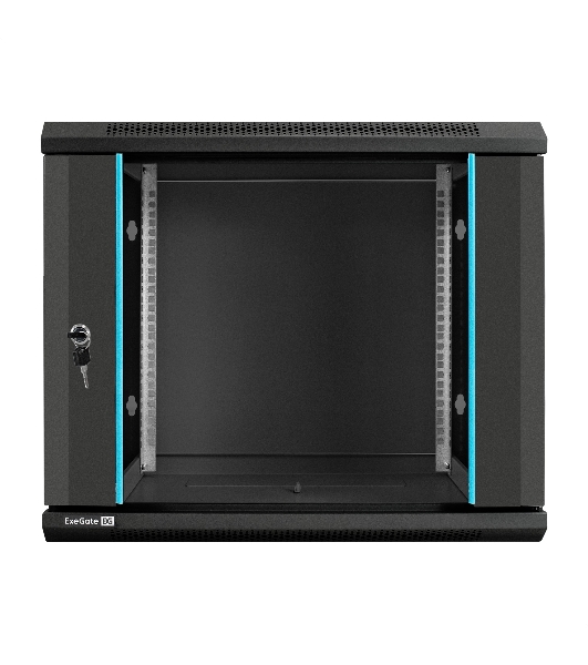 Шкаф телекоммуникационный 19' настенный 9U ExeGate EC-WM-9U.600.G.BLACK (19', 9U, 600x600x500мм (ШхГхВ), передняя дверь закаленное стекло, съемные боковые панели, пыле- и влагозащита IP23, черный RAL 9004)