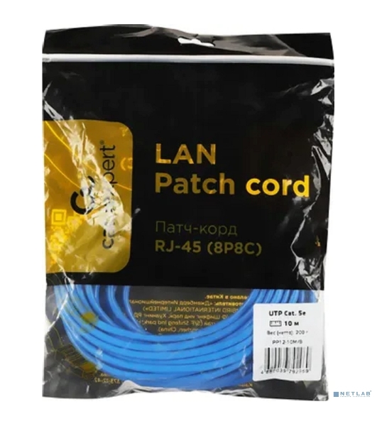 Патч-корд UTP Cablexpert PP12-10M/B cat.5e, 10м, литой, многожильный, синий