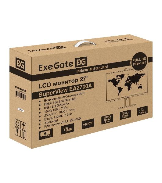 Монитор 27' ExeGate SuperView EA2700A IPS 1920x1080, 75 Гц, 5 мс, 16:9, 250 кд/м², HDMI 1.4, VGA, веб-камера (2 Мп), 3.5 мм, черный