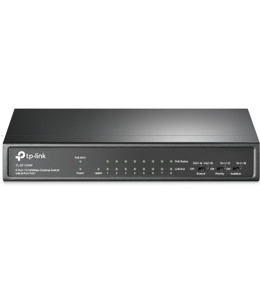 Коммутатор 9-port 10/100Mbps unmanaged switch with 8 PoE+ ports, compliant with 802.3af/at PoE, 65W PoE budget, support 250m Extend Mode, Priority mode and Isolation mode, desktop mount, plug and play.