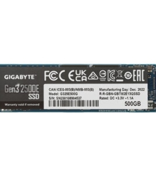 Накопитель SSD GIGABYTE AORUS Gen3 2500E, 500Gb, M.2 2280, PCIe 3.0 x4, NVMe, R/W 2300/1500