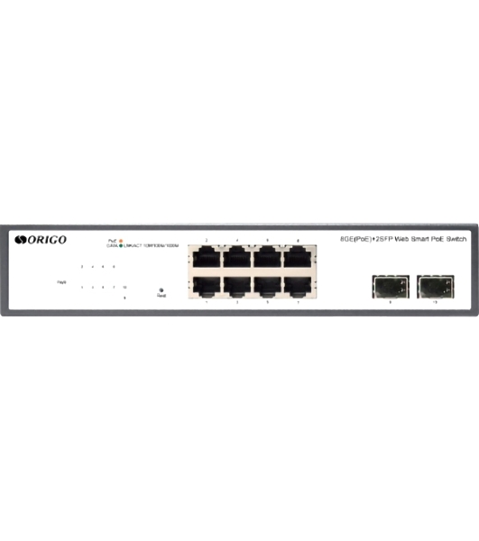 Коммутатор неуправляемый PoE ORIGO Unmanaged Switch 8x1000Base-T PoE, 2x1000Base-X SFP, PoE Budget 120W, 19' w/brackets