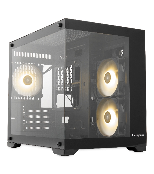 Компьютерный корпус HSPD F330, Panoramic Mini-tower, черный, TG, 0.5 SPCC, 3x120мм ARGB mATX, mITX 160/400/200мм 1x2.5', 2x3.5', 4xPCI 1xUSB-C 3.0, 2xUSB-A1.0 428x280x375мм