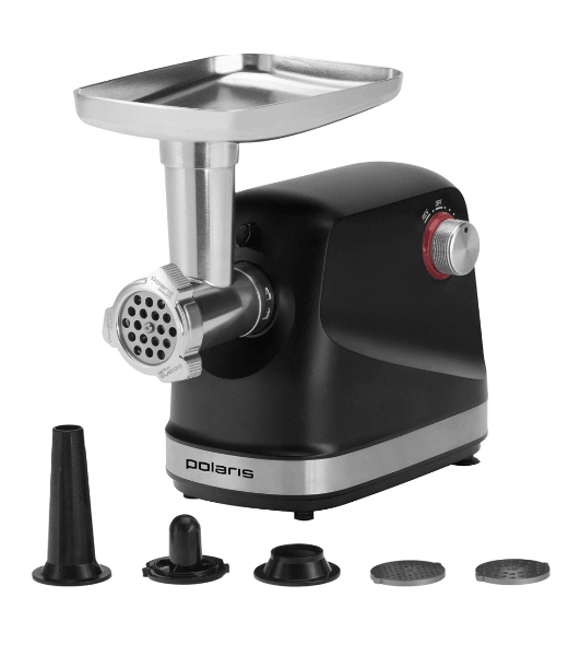 Мясорубка электрическая Polaris PMG 2582 черный, 2500 Вт, 2.7 кг/мин, реверс, защита от перегрузки, металлический лоток, насадки - 5
