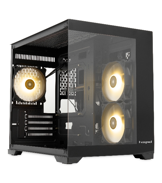 Компьютерный корпус HSPD F330, Panoramic Mini-tower, черный, TG, 0.5 SPCC, 3x120мм ARGB mATX, mITX 160/400/200мм 1x2.5', 2x3.5', 4xPCI 1xUSB-C 3.0, 2xUSB-A1.0 428x280x375мм