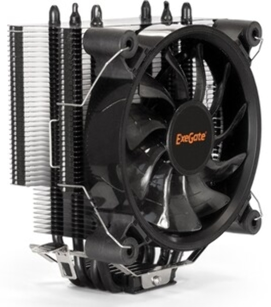 Кулер для процессора ExeGate Dark Magic EXX400V3-PWM.RGB (Al+Cu, черное покрытие, 4 тепл.трубки, LGA1150/1151/1155/1156/1200/1700/1851/AM2/AM2+/AM3/AM3+/AM4/AM5/FM1/FM2/754/939/940, TDP 140W, Fan 120mm, PWM, 800-1800RPM, Hydro bearing, 4pin, 11-24db, 500г брутто, RGB подсветка, с термопастой, на винтах, RTL)