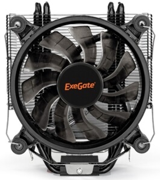 Кулер для процессора ExeGate Dark Magic EXX400V3-PWM.RGB (Al+Cu, черное покрытие, 4 тепл.трубки, LGA1150/1151/1155/1156/1200/1700/1851/AM2/AM2+/AM3/AM3+/AM4/AM5/FM1/FM2/754/939/940, TDP 140W, Fan 120mm, PWM, 800-1800RPM, Hydro bearing, 4pin, 11-24db, 500г брутто, RGB подсветка, с термопастой, на винтах, RTL)