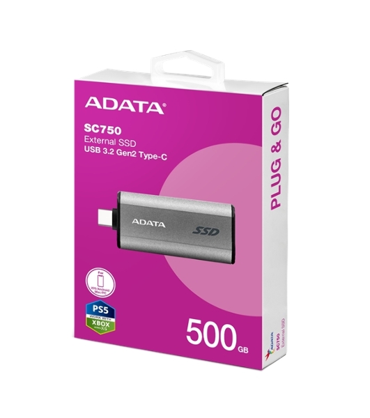 Внешний SSD ADATA SC750, 500Gb, USB 3.2 Gen 2 Type-C, R/W 1050/1000, черный