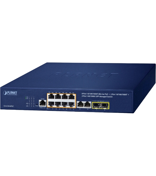 Коммутатор PLANET GS-4210-8P2C IPv4/IPv6, 8-Port Managed 802.3at POE+ Gigabit Ethernet Switch + 2-Port 10/100/1000Mbps RJ45 + 2-Port 100/1000X SFP (120W PoE Budget, 250m Extend mode, supports CloudViewer app, MQTT and cybersecurity features)