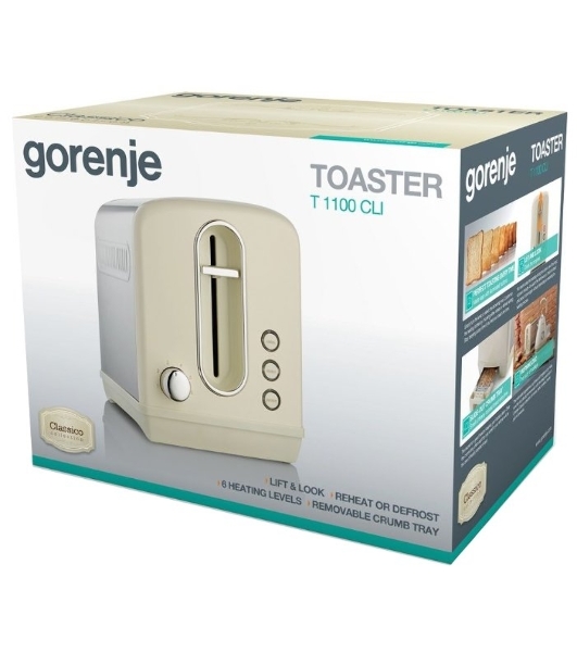 Тостер Gorenje T1100CLI бежевый/серебристый, 950 Вт, 2 слота