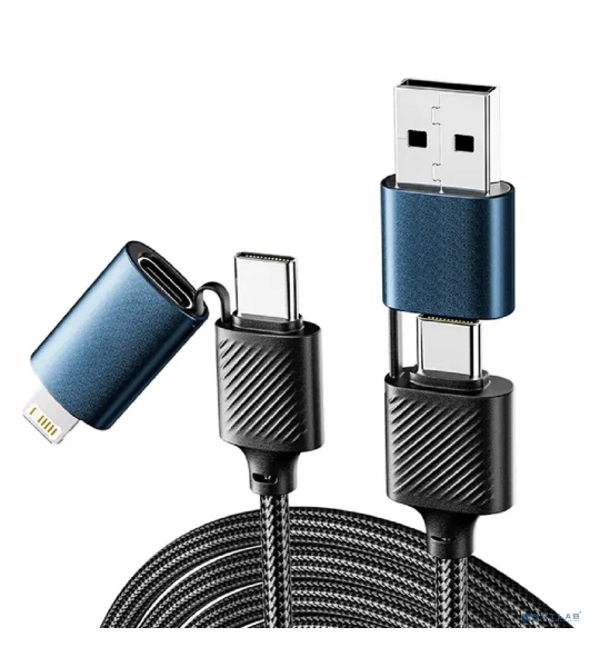 Кабель Rexant 4в1 USB-A, Type-C, Type-C, Lightning 65Вт, 1м, в черной нейлоновой оплетке
