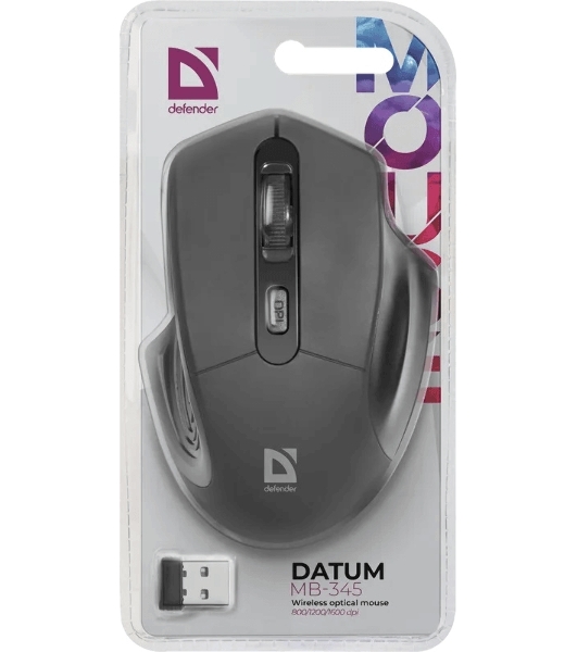 Мышь беспроводная Defender Datum MB-345 черный, 1600 dpi, радиоканал, USB, кнопки - 4