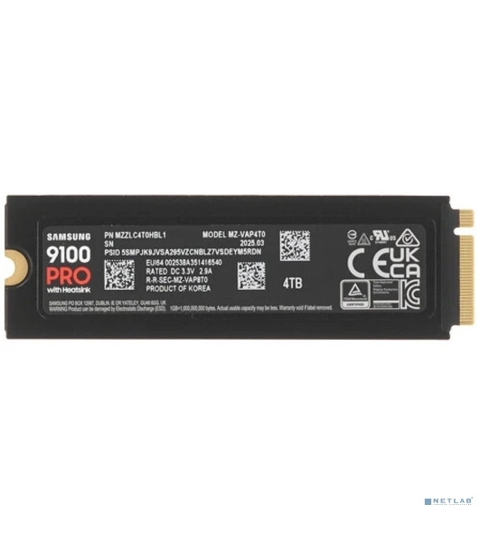 Накопитель SSD 4Tb Samsung 9100 PRO, M.2, PCI-E 5.0 x4, TLC 3D NAND R/W - 14800/13400 Mb/s с радиатором