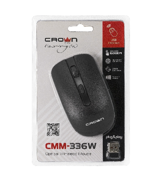 Мышь беспроводная Crown CMM-336W черный, 1600 dpi, радиоканал, USB, кнопки - 4