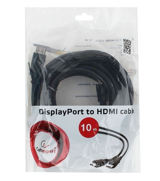 Кабель Cablexpert DisplayPort->HDMI, 10м, 20M/19M, черный, экран, пакет