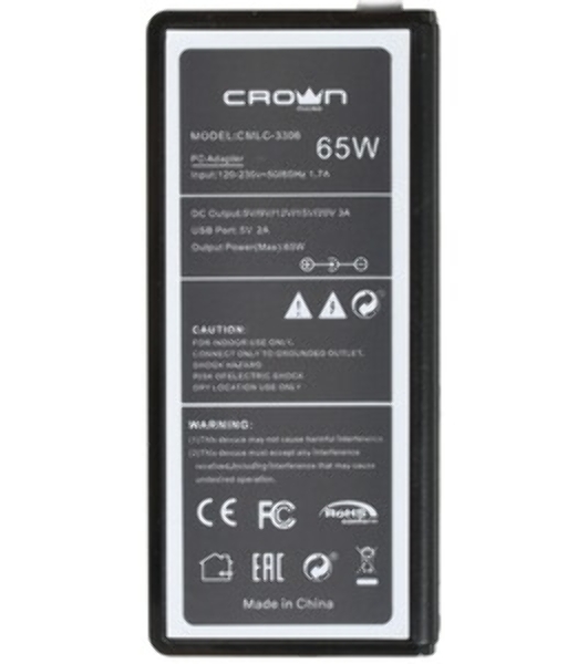 Зарядное устройство для ноутбука CROWN USB CMLC-3294 черный (Автомобильное 12V, 90W 15-20V, порт USB 5V 2.1A)
