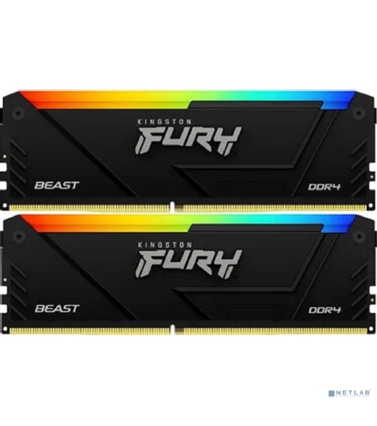 Оперативная память Kingston Fury Beast, DDR4, 32GB (2x16GB), 3200MHz, CL16, DIMM, с радиатором, RGB, черный