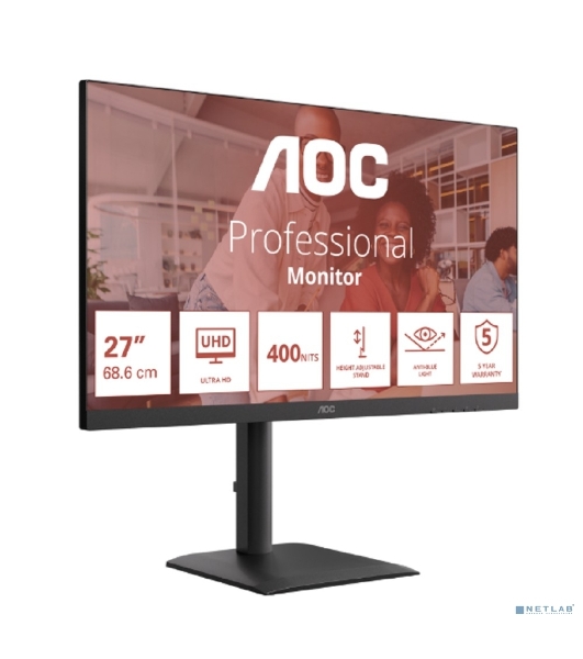 Монитор 27' AOC U27E4CV IPS 3840x2160, 60 Гц, 4 мс, 16:9, 400 кд/м², 2xHDMI 2.0, DP 1.4, DP Out, USB-C (90 Вт), USB Hub (4x USB 3.2), RJ45, 3.5 Jack, динамики (2x2 Вт), HDR Ready, Adaptive-Sync, VESA 100x100, черный
