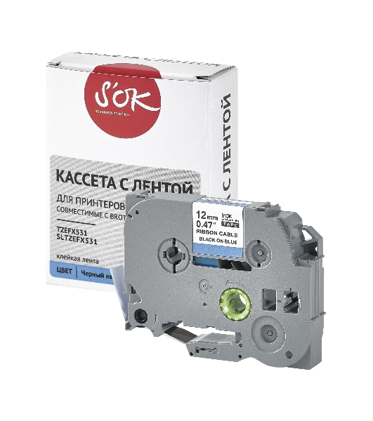 Кассета с лентой S'OK by Sakura Printing TZEFX531 для Brother, черный на синем, 12мм/8м, наклейка