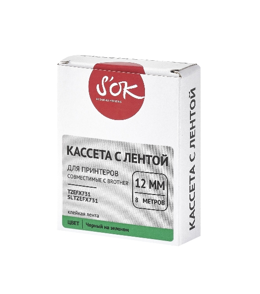 Кассета с лентой S'OK by Sakura Printing TZEFX731 для Brother, черный на зеленом, 12мм/8м, наклейка