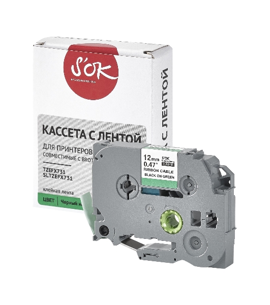 Кассета с лентой S'OK by Sakura Printing TZEFX731 для Brother, черный на зеленом, 12мм/8м, наклейка