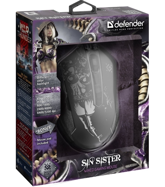 Мышь проводная Defender Sin'Sister GM-933 черный, 7200 dpi, USB, кнопки - 6