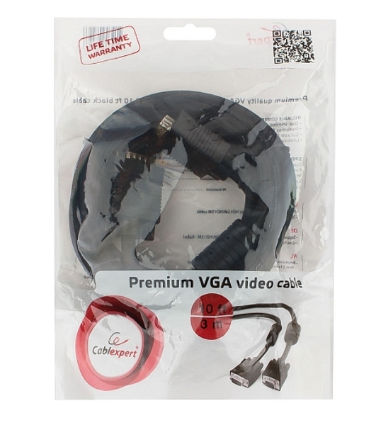 Кабель VGA Premium Cablexpert CC-PPVGA-10-B, 15M/15M, 3.0м, черный, тройной экран, феррит.кольца, пакет
