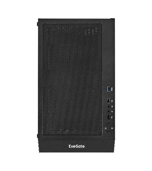 Компьютерный корпус Miditower ExeGate EVO-5001A (ATX, без БП, 2хUSB+1хUSB 3.0+HD Audio, черный, 3 вент.12см с RGb подсветкой, боковая панель - закаленное стекло)