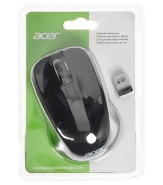 Мышь беспроводная Acer OMR010 черный, 1200 dpi, радиоканал, USB, кнопки - 3