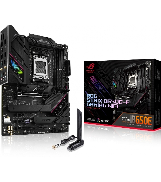Материнская плата ASUS ROG STRIX B650E-F GAMING WIFI, AM5, AMD B650, 4xDDR5, 4xSATA, 3xM.2, 1xPCI-E 5.0 x16, 1xPCI-E 4.0 x4, 2xPCI-E x1, 1xHDMI, 1xDP, 1x 2.5Gb LAN, 4xUSB-A 2.0, 4xUSB-A 3.2 Gen 1, 2xUSB-A 3.2 Gen 2, 1xUSB-C 3.2 Gen 2, 1xUSB-C 3.2 Gen 2x2, 5x3.5 мм, 7.1, ATX